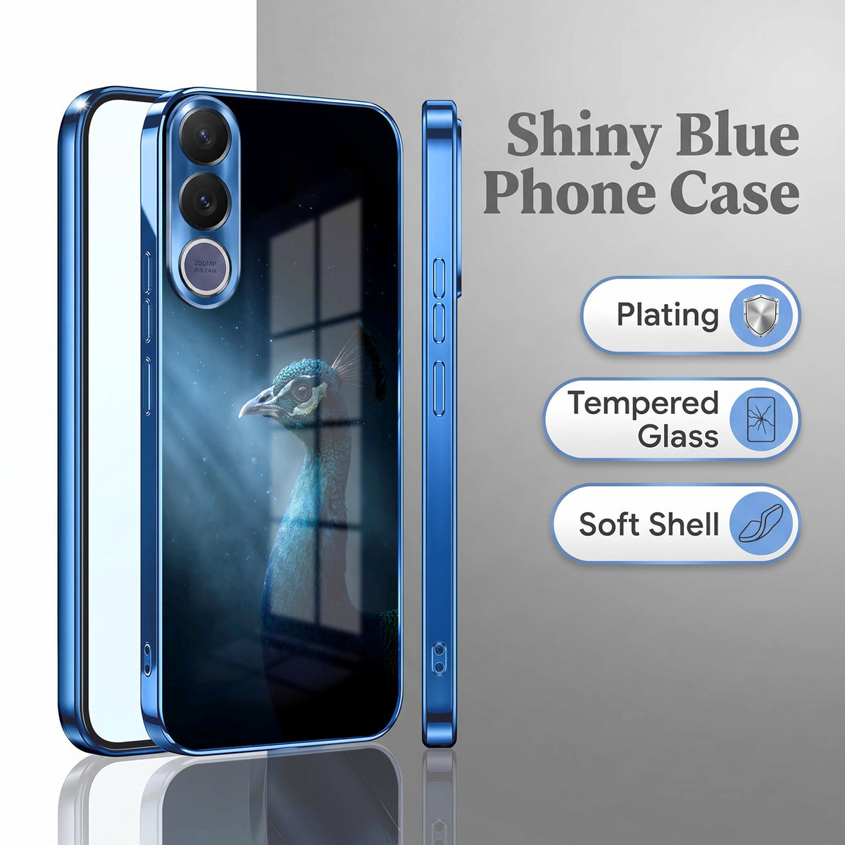 Vivo V70 FE 5G Royal Peacock Blue Electroplated Glass Phone Back Case