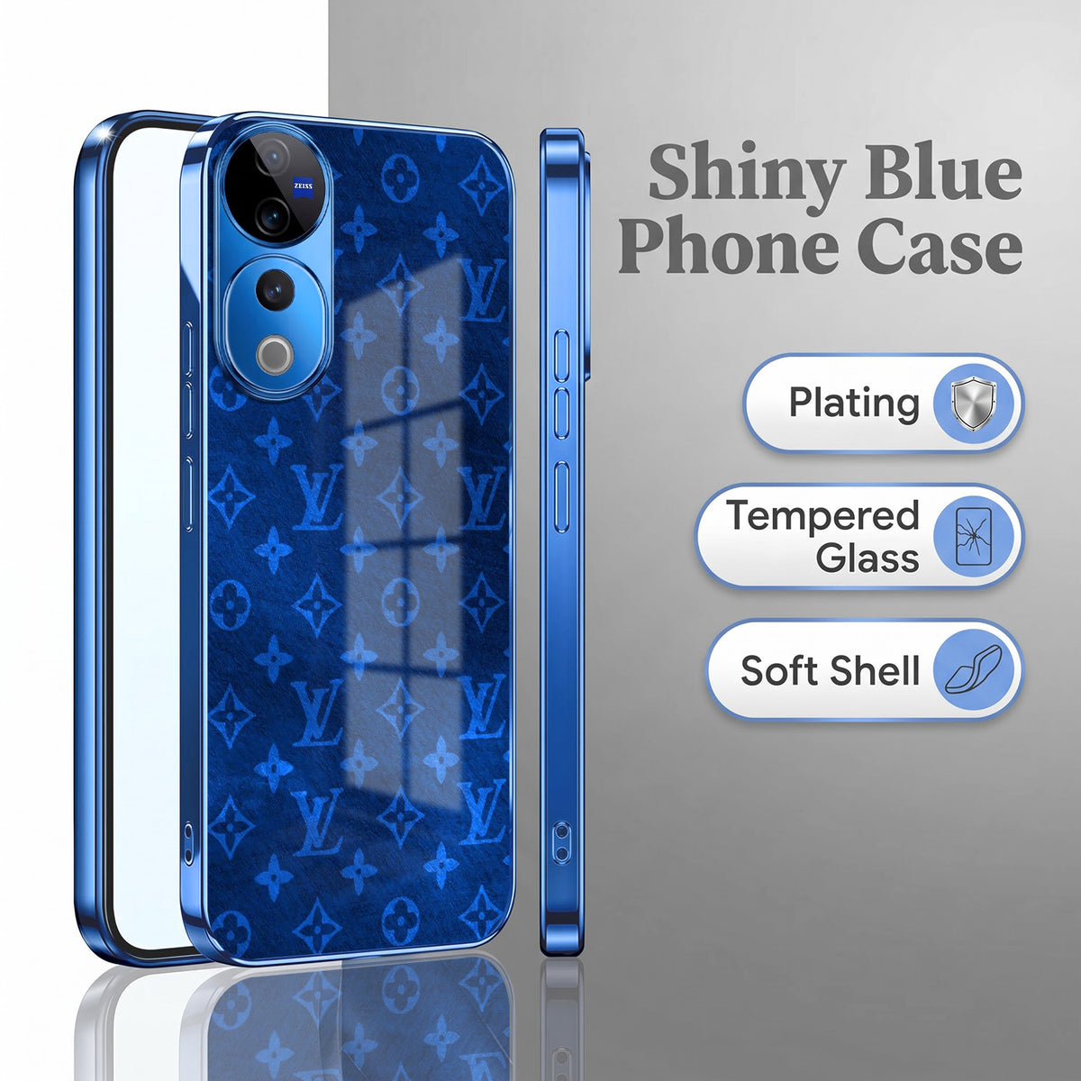 Vivo V40 Pro 5G Luxury Monogram Blue Electroplated Glass Phone Back Case