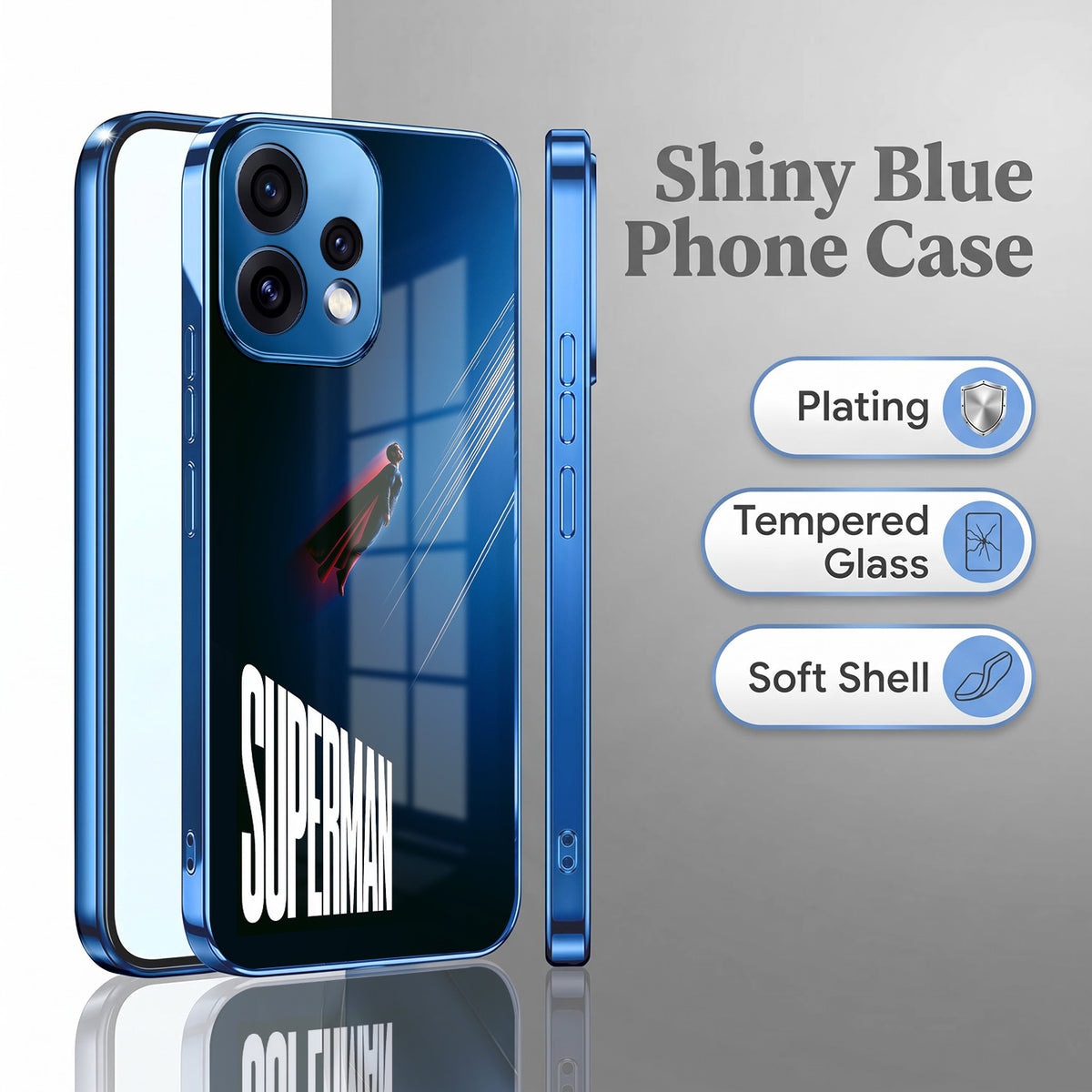 Oppo Reno 15 5G Superman Blue Electroplated Glass Phone Back Case
