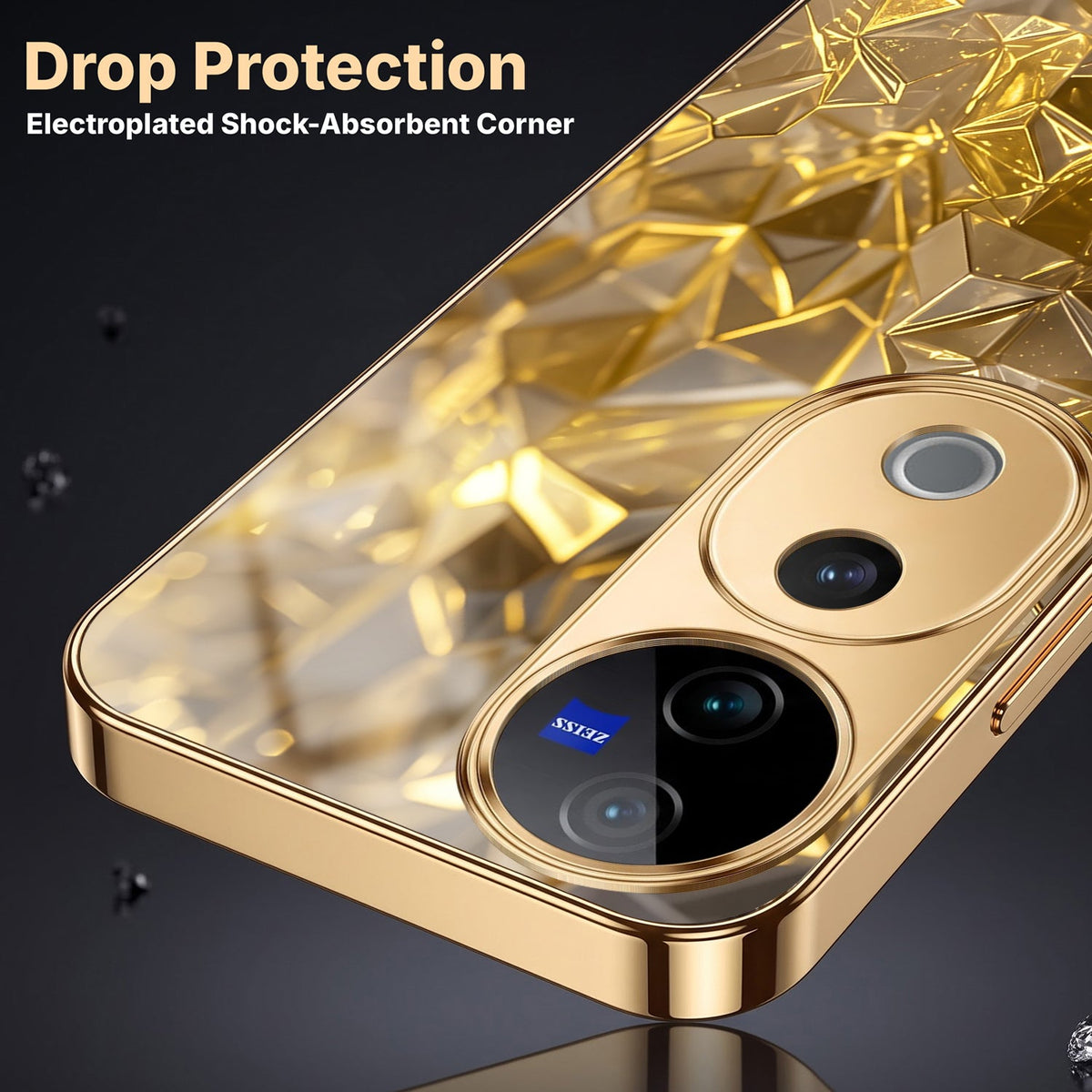 Vivo V40 Pro 5G Golden Diamond Shatter Gold Electroplated Glass Phone Back Case