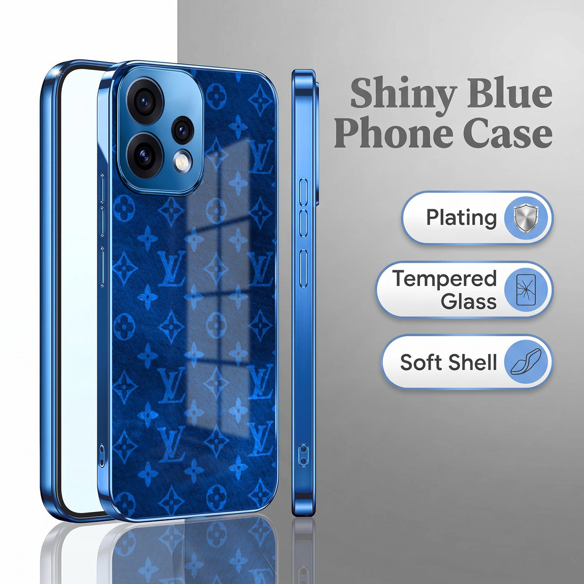 Oppo Reno 15 5G Luxury Monogram Blue Electroplated Glass Phone Back Case