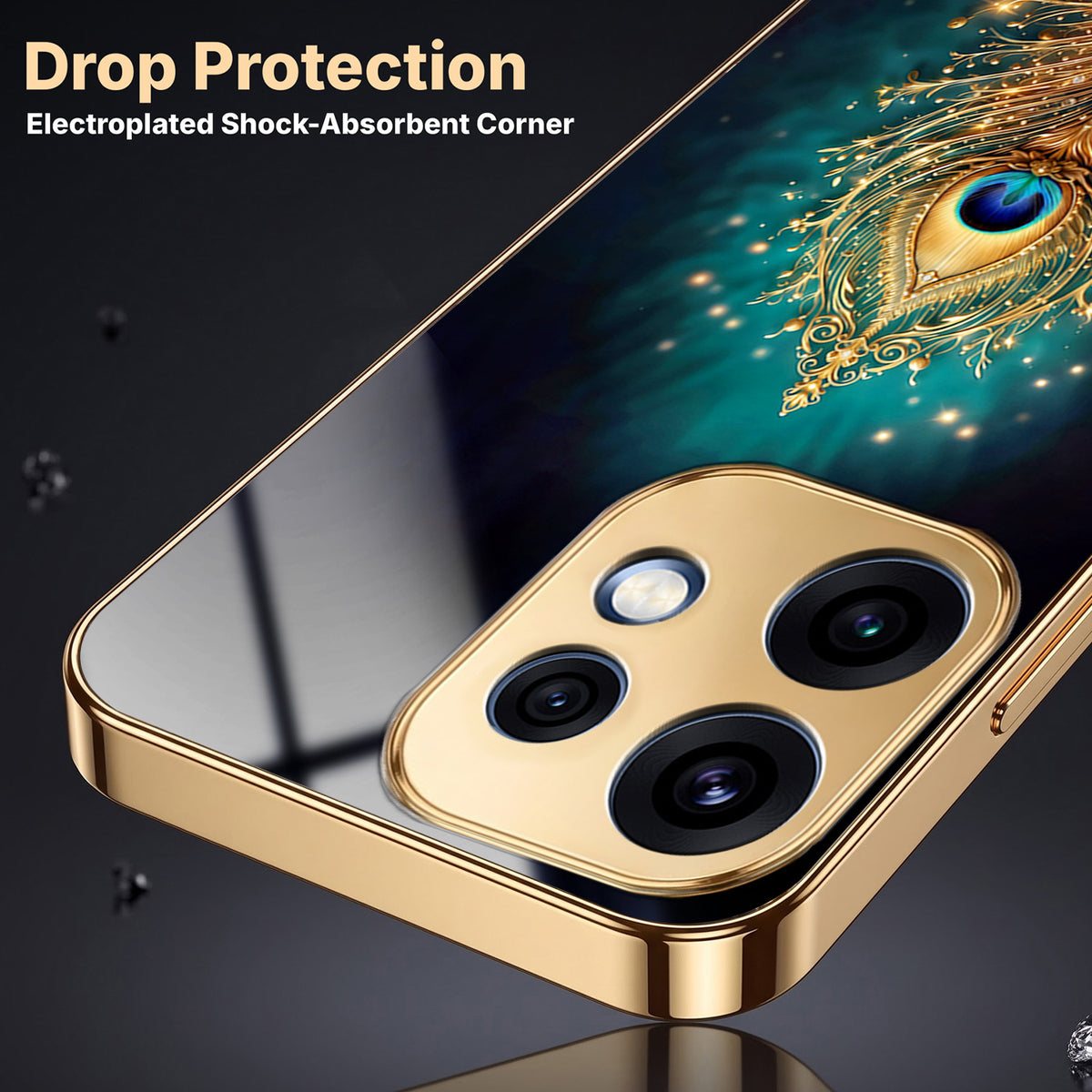 Oppo Reno 16 5G Golden Peacock Feather Gold Electroplated Glass Phone Back Case