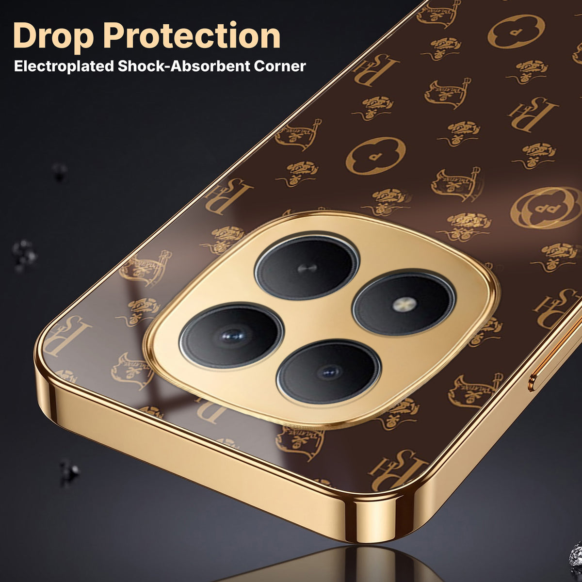 Redmi Note 15 Pro Plus 5G Luxury Monogram Brown Gold Electroplated Glass Phone Back Case