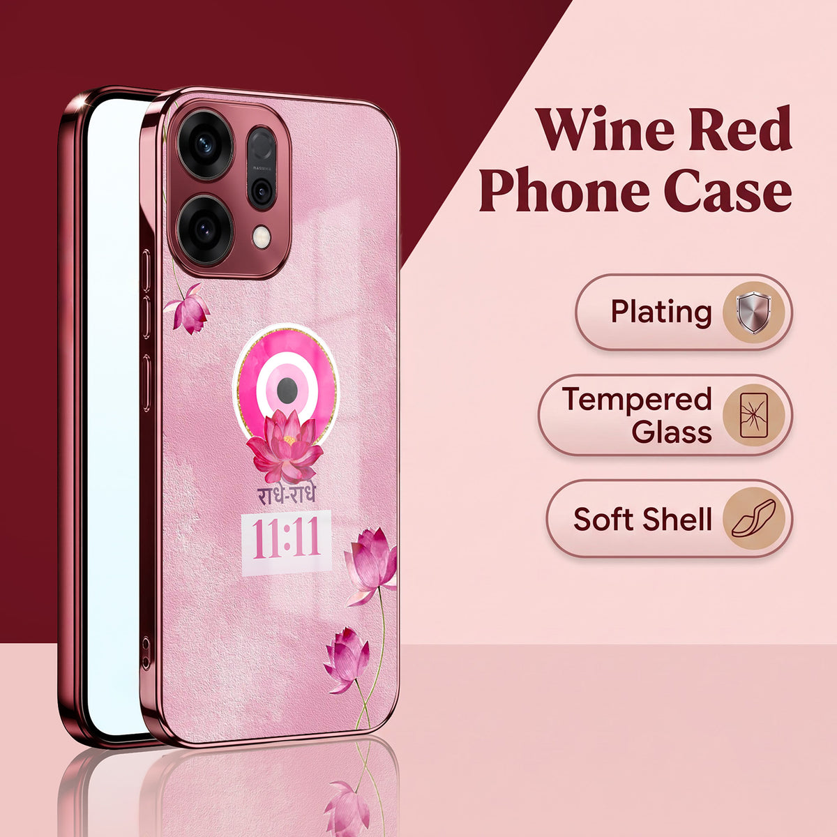 Oppo Reno 14 5G Luxury Radhe Radhe 11:11 Pink Electroplated Glass Phone Back Case