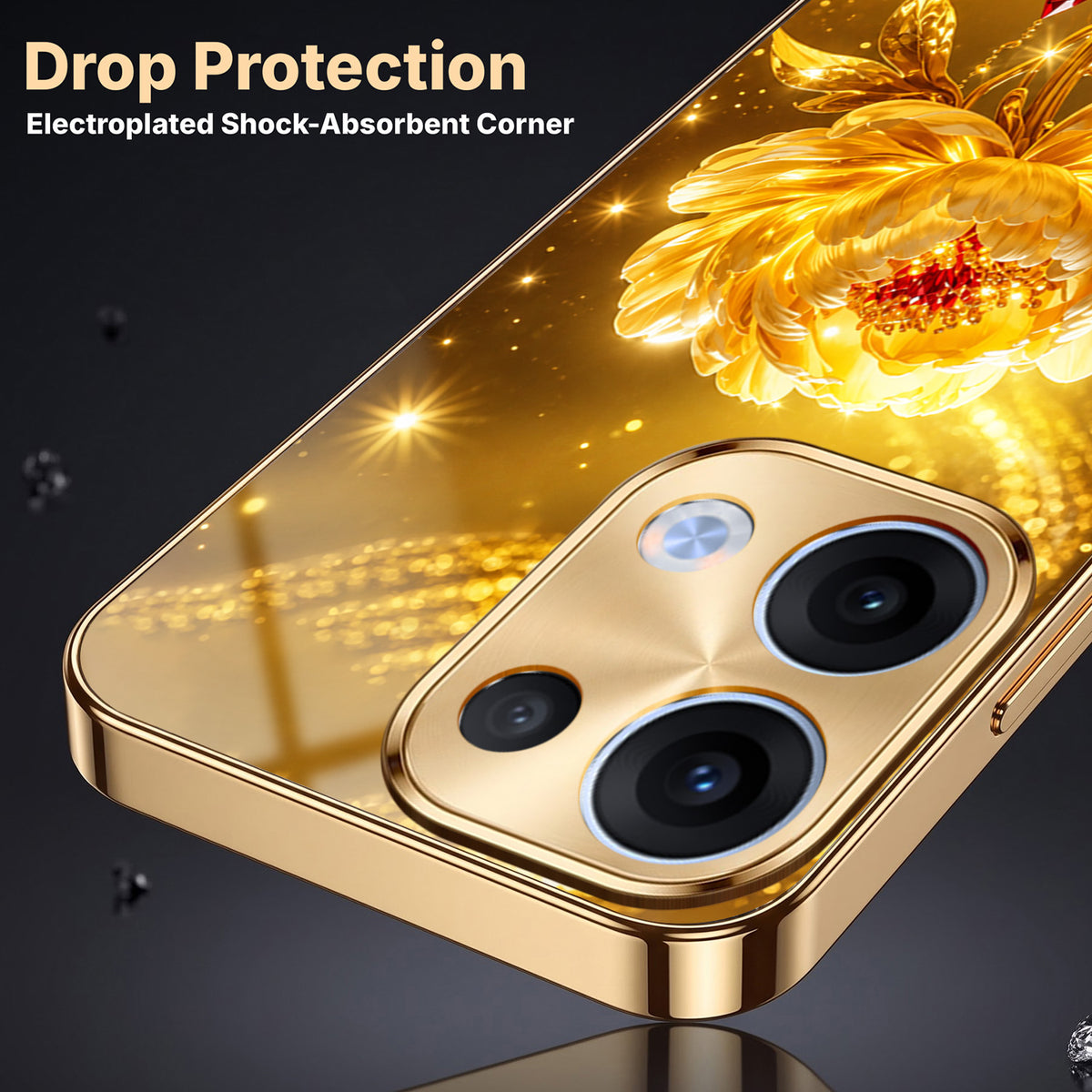 Oppo Reno 13 5G Golden Rose Elegance Gold Electroplated Glass Phone Back Case
