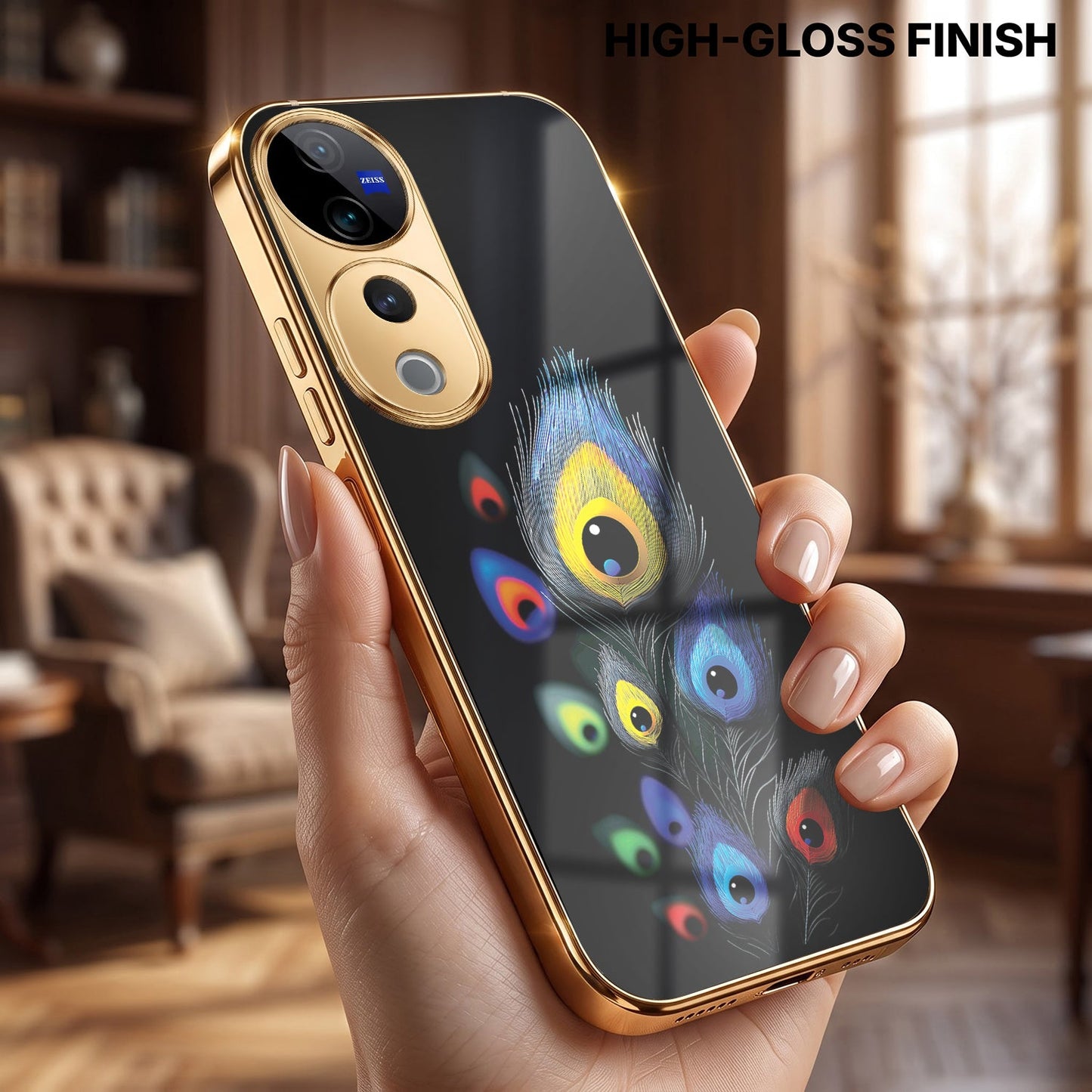 Vivo V40 Pro 5G Premium Peacock Feather Gold Electroplated Glass Phone Back Case