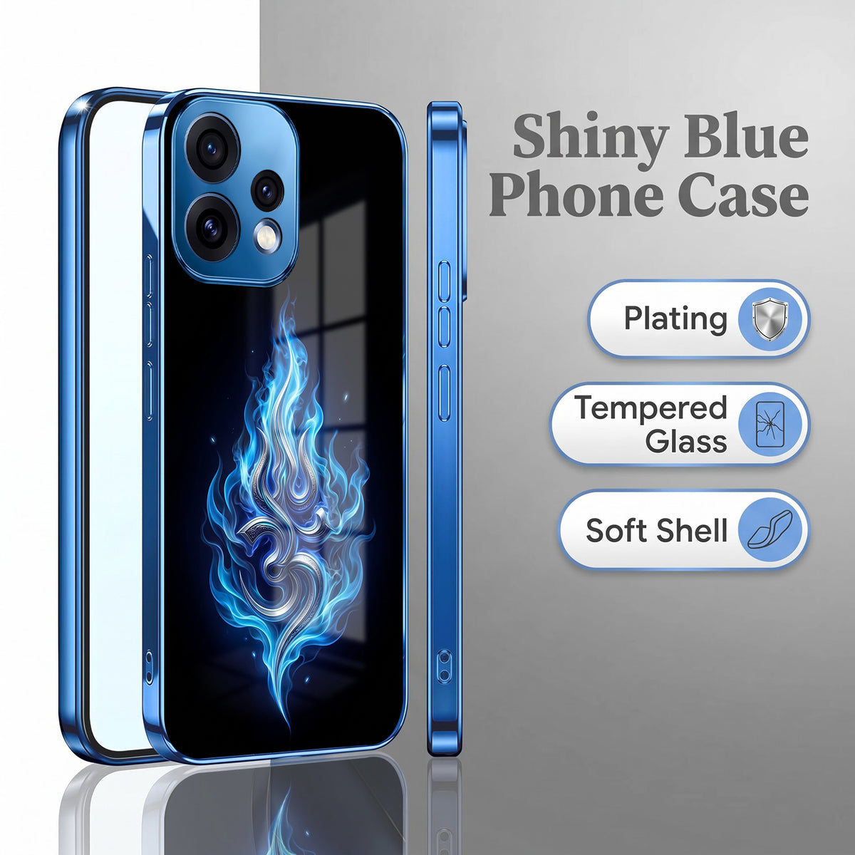 Oppo Reno 15 5G Blue Flame OM Blue Electroplated Glass Phone Back Case