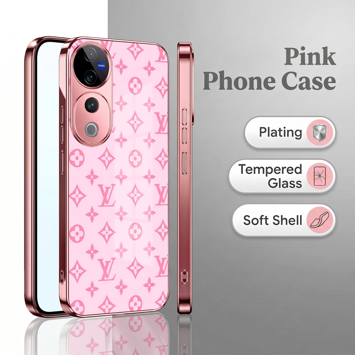 Vivo V40 Pro 5G Luxury Monogram Pink Electroplated Glass Phone Back Case