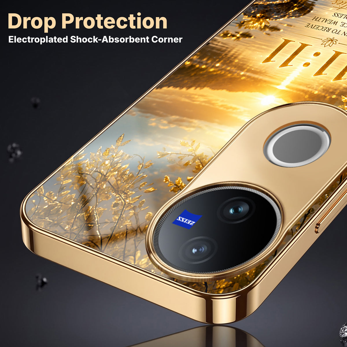 Vivo V50 5G 11:11 Manifestation Gold Electroplated Glass Phone Back Case