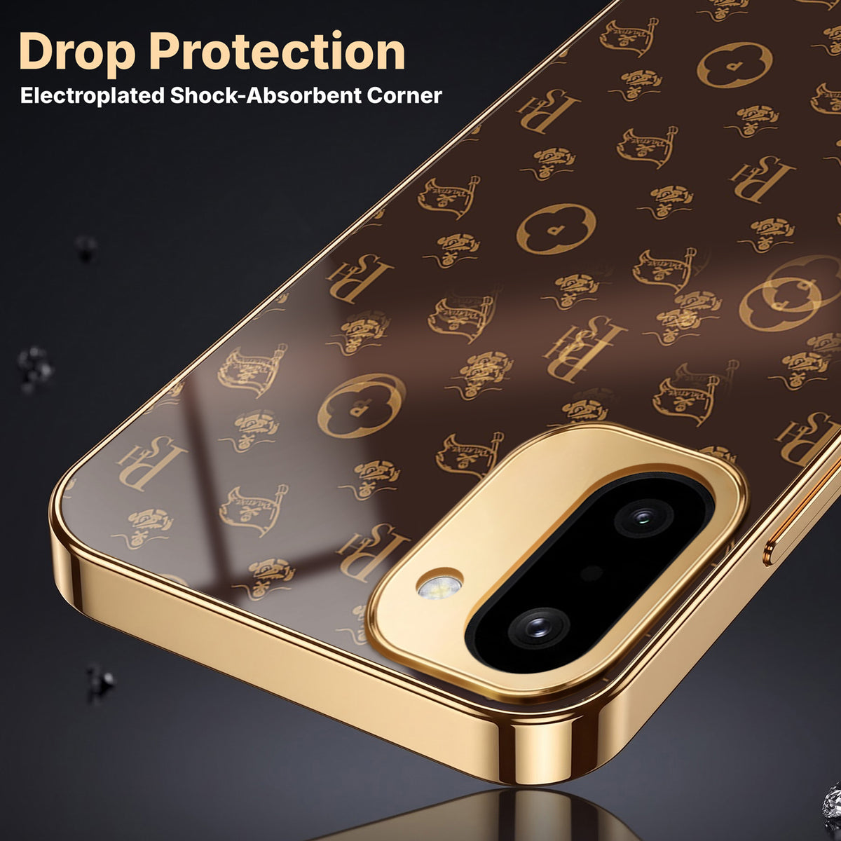 OnePlus 15R 5G Luxury Monogram Brown Gold Electroplated Glass Phone Back Case