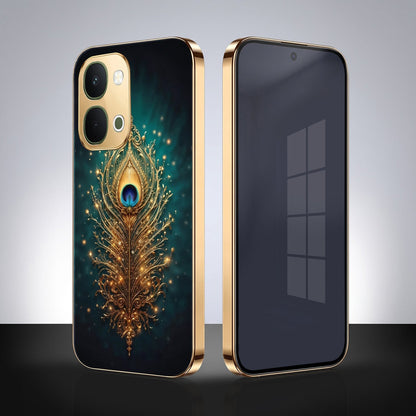 Vivo T5x 5G Golden Peacock Feather Gold Electroplated Glass Phone Back Case