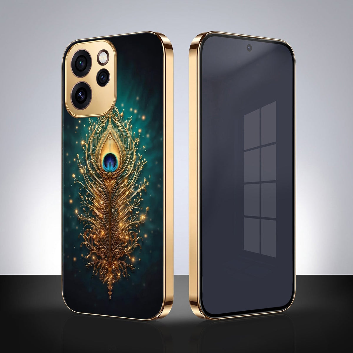 Oppo Reno 15 Pro Mini 5G Golden Peacock Feather Gold Electroplated Glass Phone Back Case