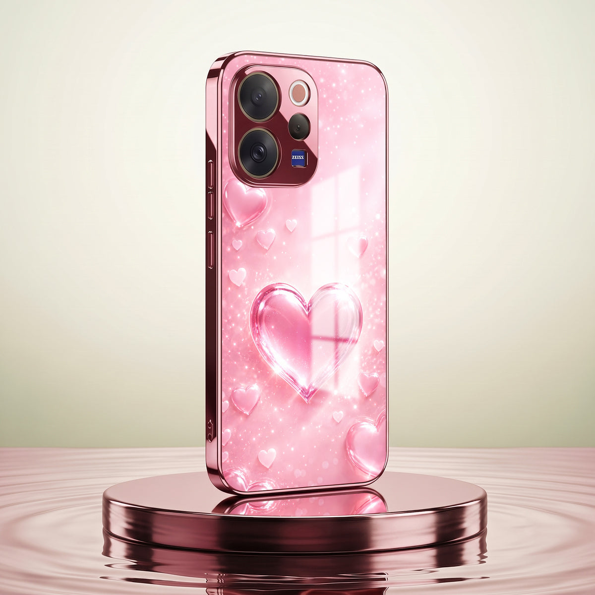 Vivo V70 5G Luxury 3D Jelly Heart Pink Electroplated Glass Phone Back Case