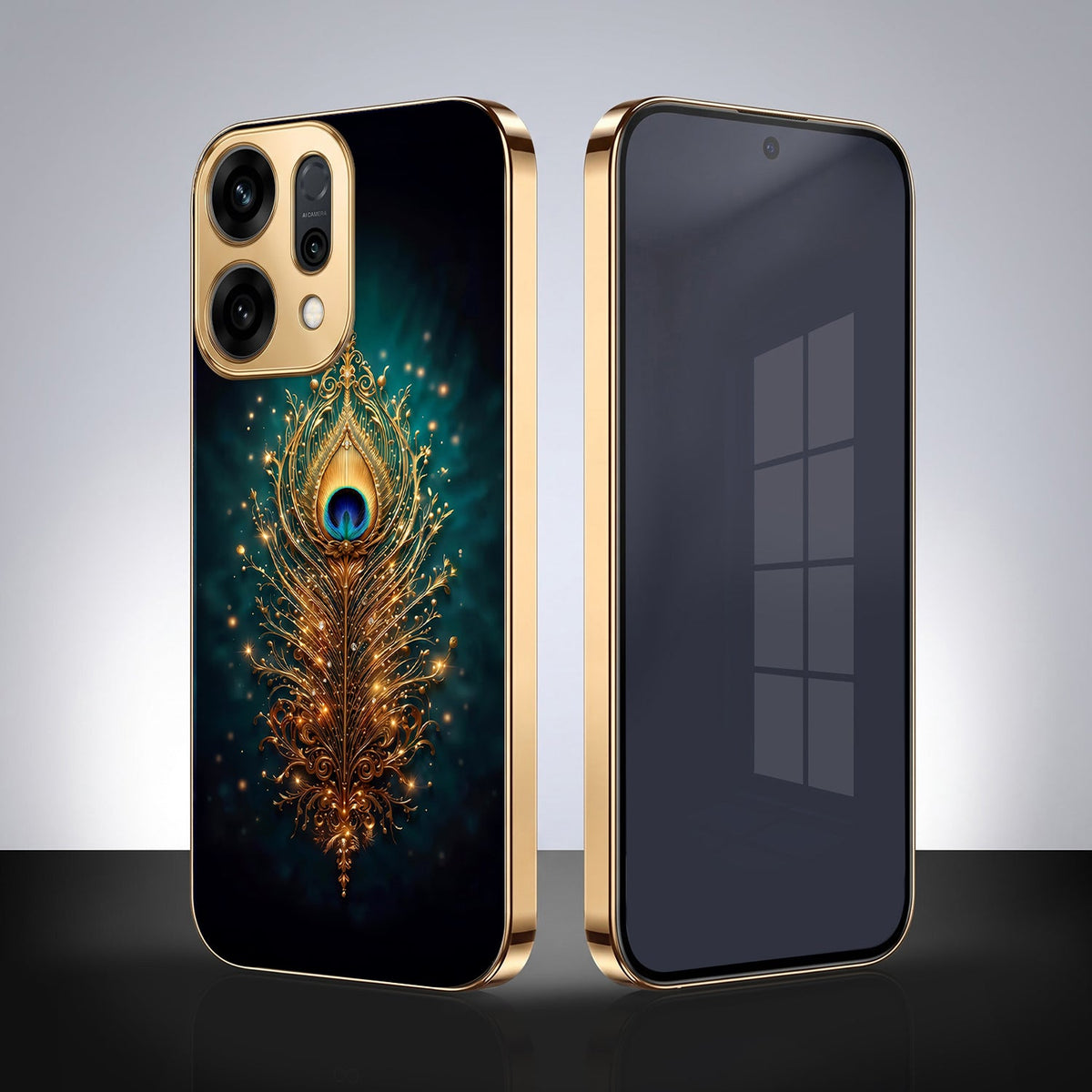 Oppo Reno 14 5G Golden Peacock Feather Gold Electroplated Glass Phone Back Case