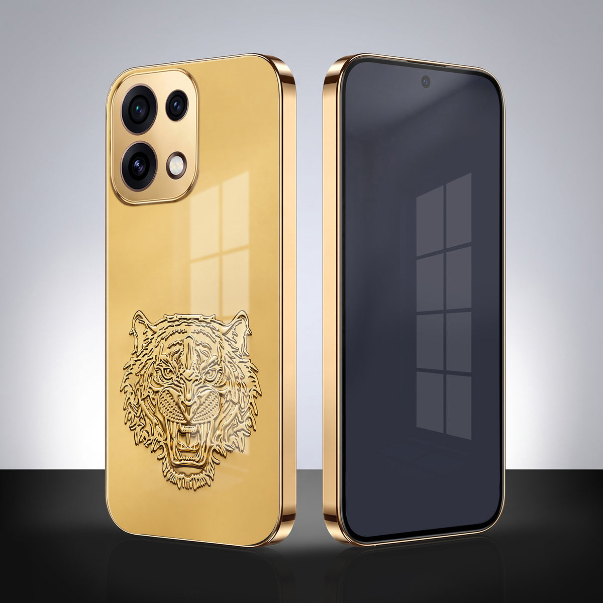 Oppo Reno 16C 5G Golden Tiger Face Gold Electroplated Glass Phone Back Case