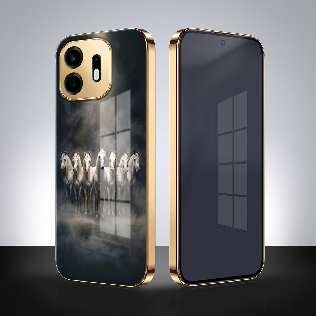 OnePlus N6 5G Running Horses Gold Electroplated Glass Phone Back Case