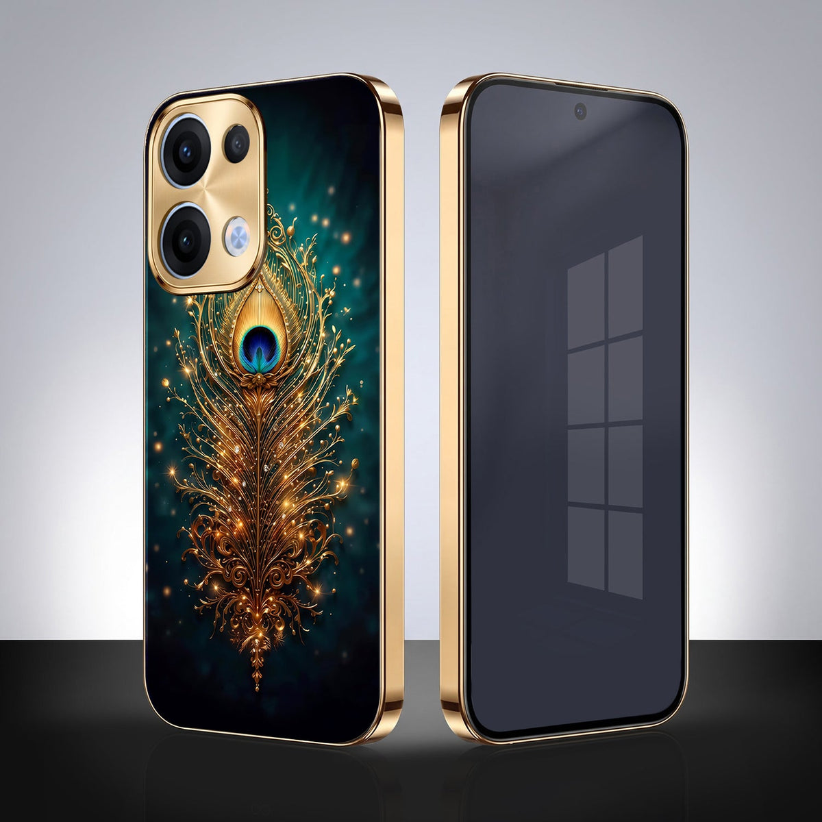 Oppo Reno 13 5G Golden Peacock Feather Gold Electroplated Glass Phone Back Case