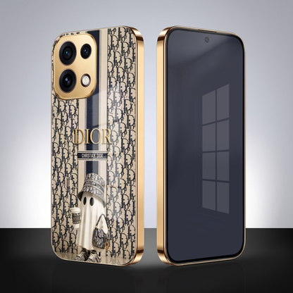 Oppo Reno 16C 5G Luxury Dior Gold Electroplated Glass Phone Back Case