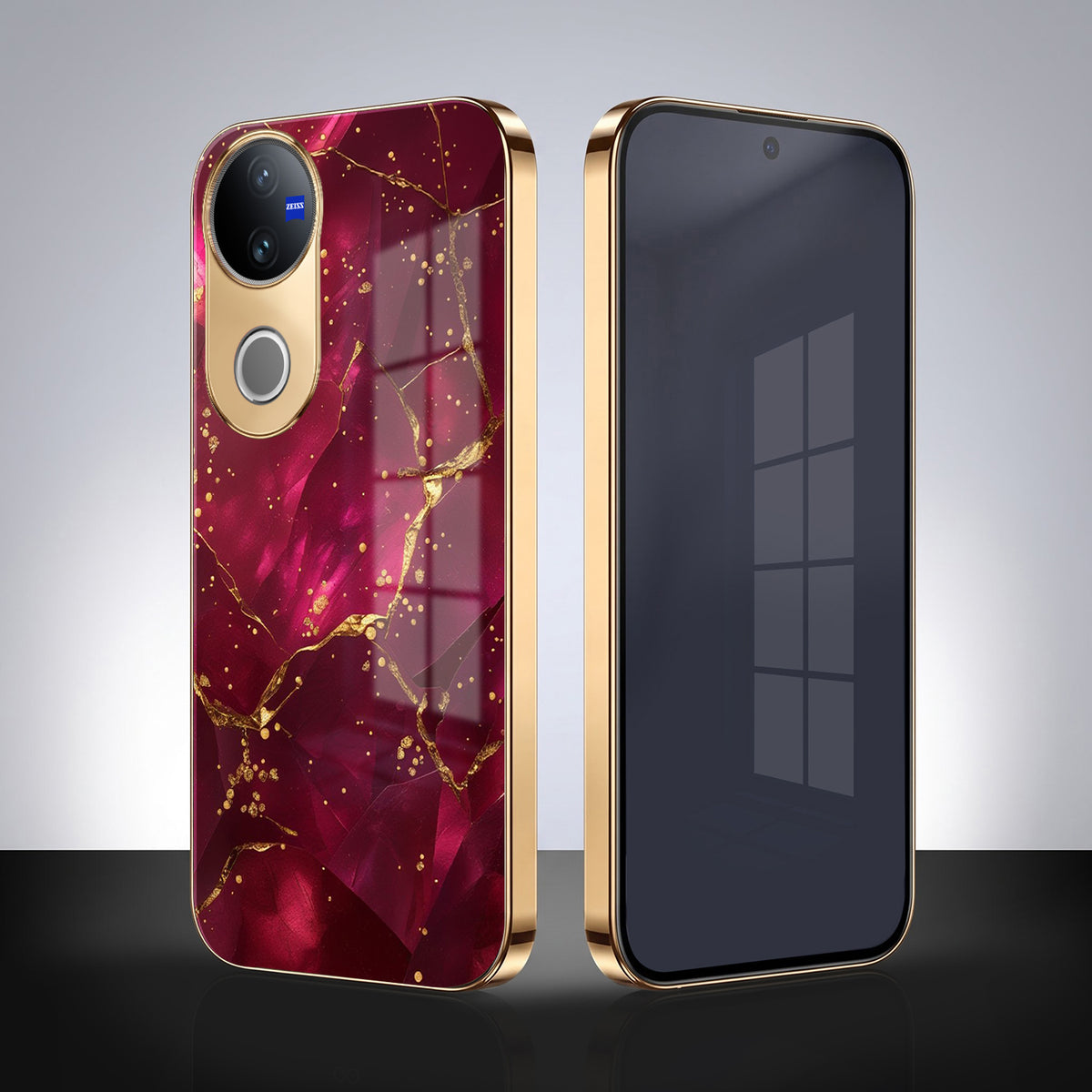 Vivo V50 5G Luxury Crimson Marble Gold Electroplated Glass Phone Back Case