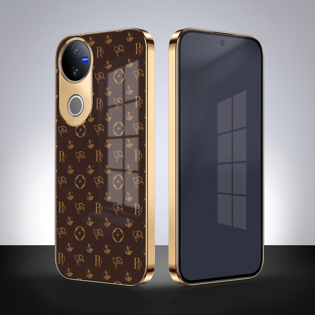Vivo V50 5G Luxury Monogram Brown Gold Electroplated Glass Phone Back Case