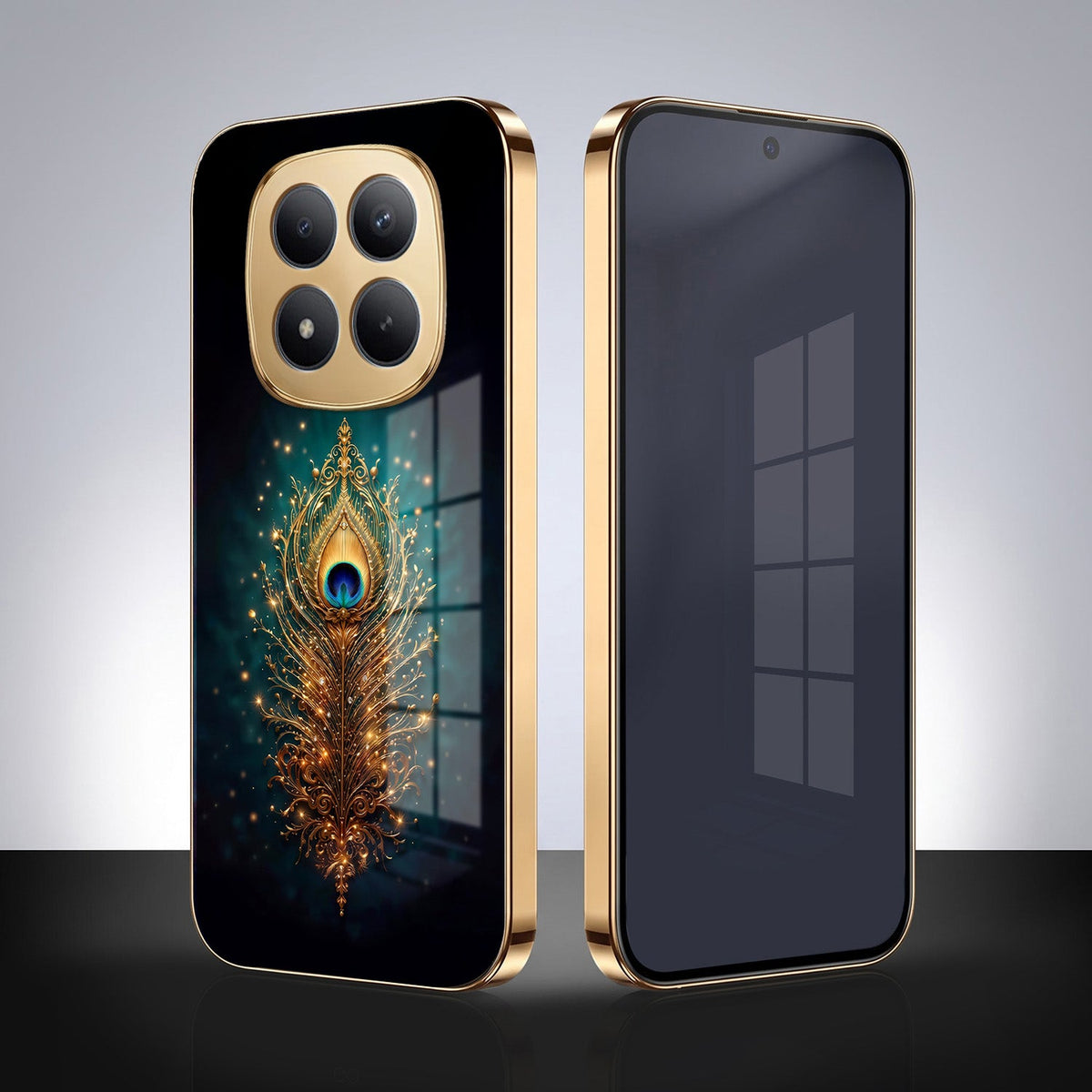 Redmi Note 15 Pro+ 5G Golden Peacock Feather Gold Electroplated Glass Phone Back Case