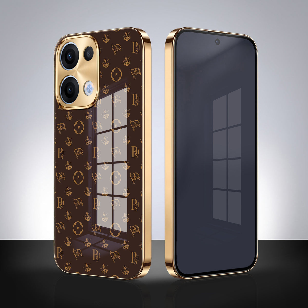 Oppo Reno 13 5G Luxury Monogram Brown Gold Electroplated Glass Phone Back Case