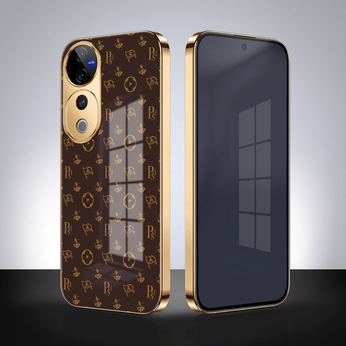 Vivo V40 Pro 5G Luxury Monogram Brown Gold Electroplated Glass Phone Back Case