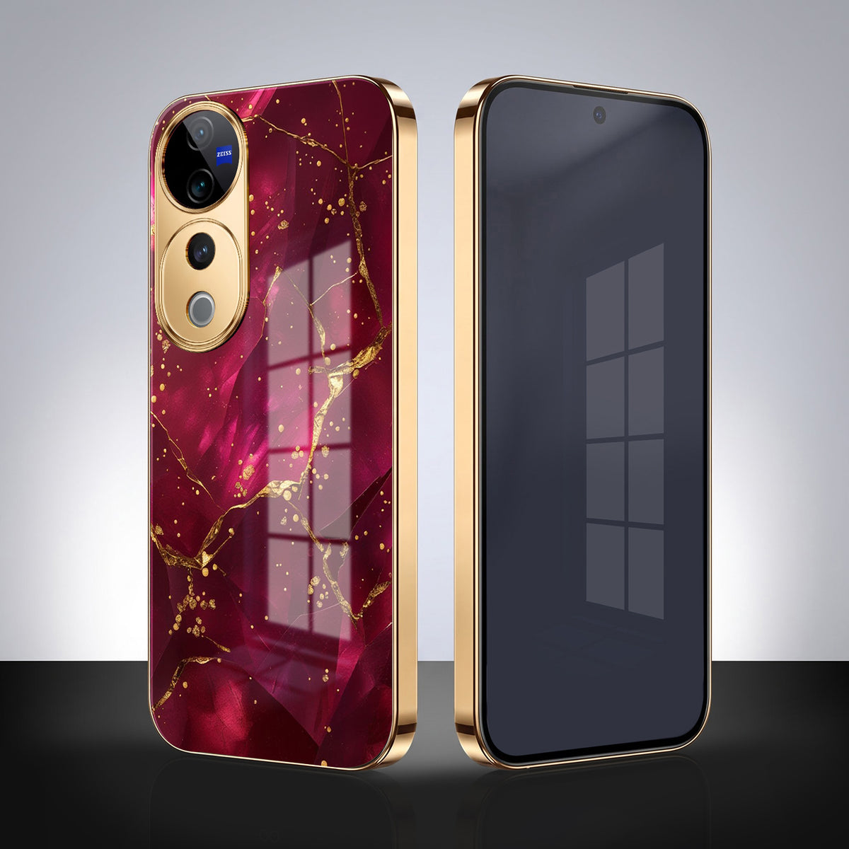 Vivo V40 Pro 5G Luxury Crimson Marble Gold Electroplated Glass Phone Back Case