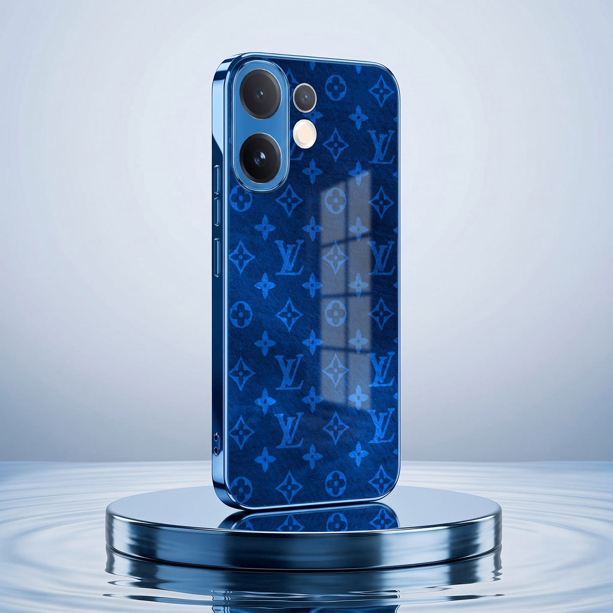 Vivo V60 5G Luxury Monogram Blue Electroplated Glass Phone Back Case