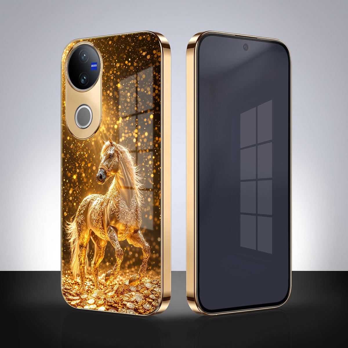 Vivo V50 5G Golden Horse Sparkle Gold Electroplated Glass Phone Back Case