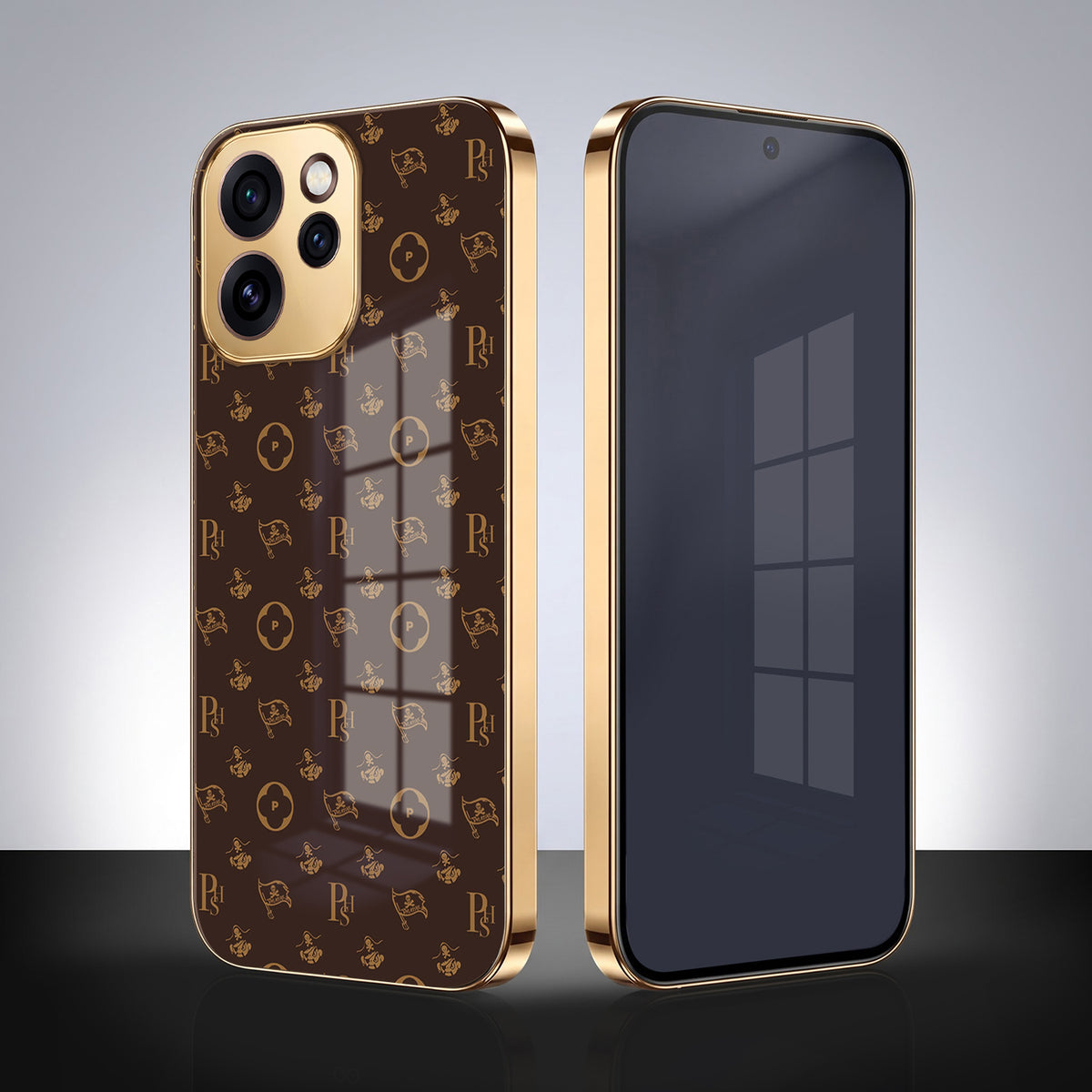 Oppo Reno 15 Pro Mini 5G Luxury Monogram Brown Gold Electroplated Glass Phone Back Case
