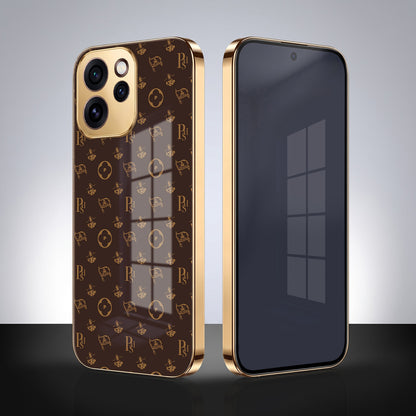 Oppo Reno 15 Pro Mini 5G Luxury Monogram Brown Gold Electroplated Glass Phone Back Case