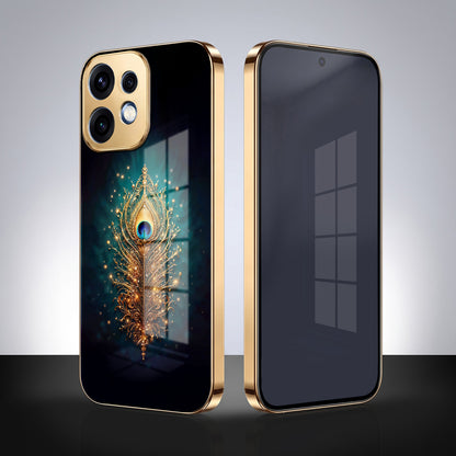 Oppo Reno 16 5G Golden Peacock Feather Gold Electroplated Glass Phone Back Case