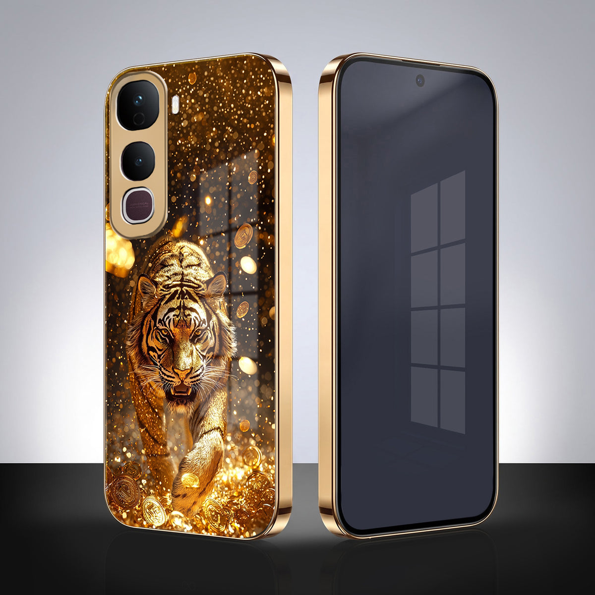 Vivo Y400 Pro 5G Luxury Tiger Gold Electroplated Glass Phone Back Case