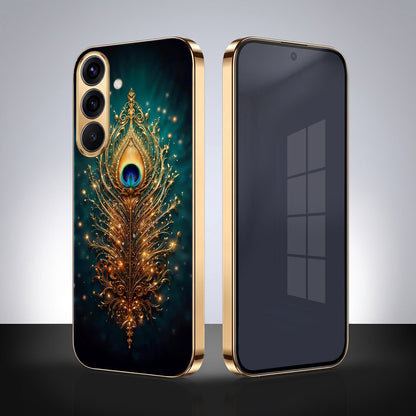 Samsung Galaxy A36 5G Golden Peacock Feather Gold Electroplated Glass Phone Back Case
