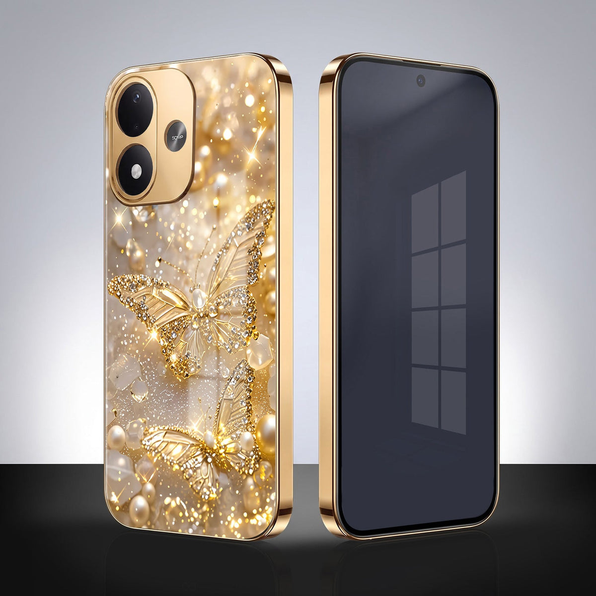 Redmi Note 17 5G Golden Butterfly Gold Electroplated Glass Phone Back Case