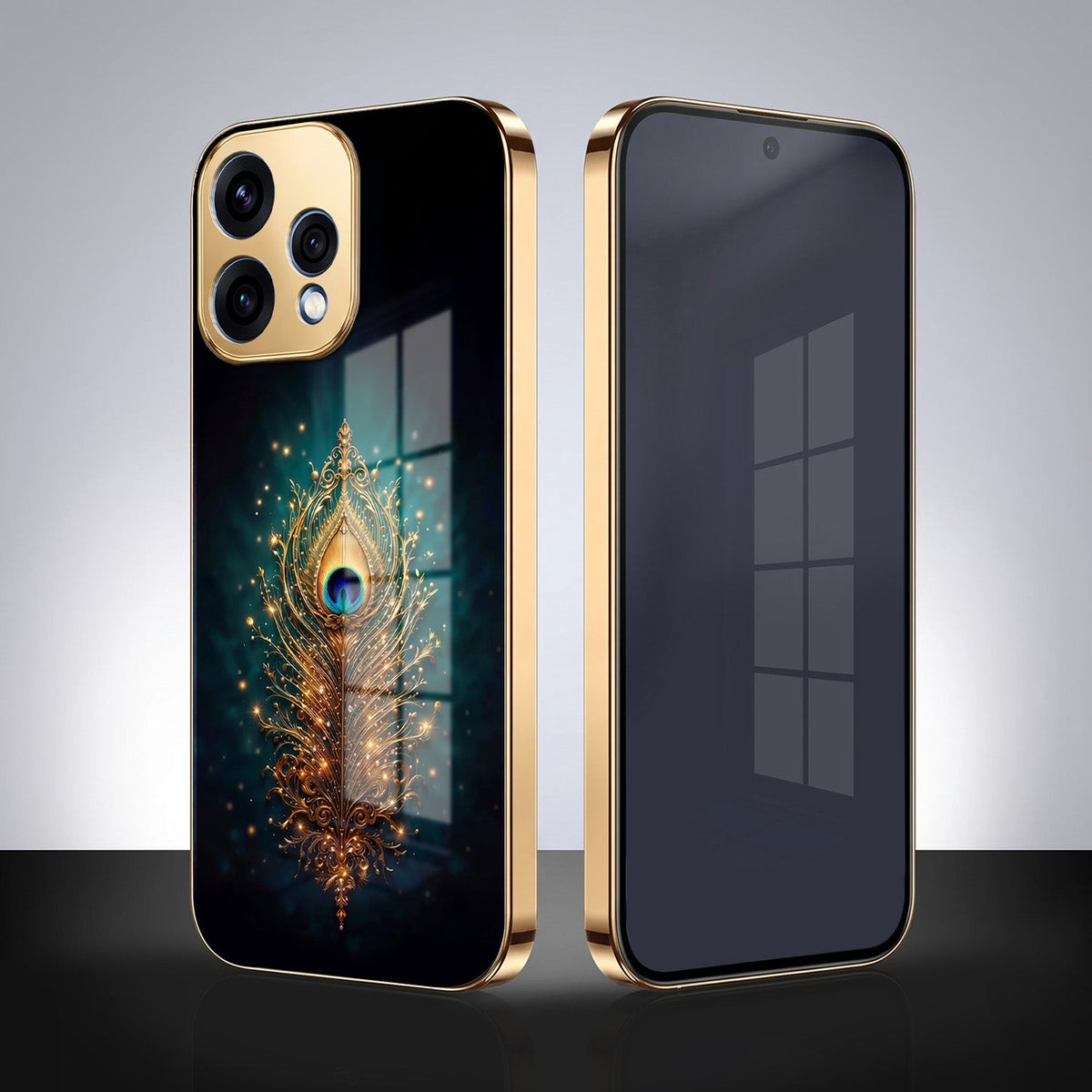 Oppo Reno 15 5G Golden Peacock Feather Gold Electroplated Glass Phone Back Case
