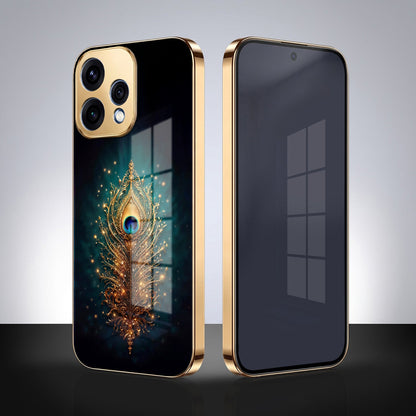 Oppo Reno 15 5G Golden Peacock Feather Gold Electroplated Glass Phone Back Case