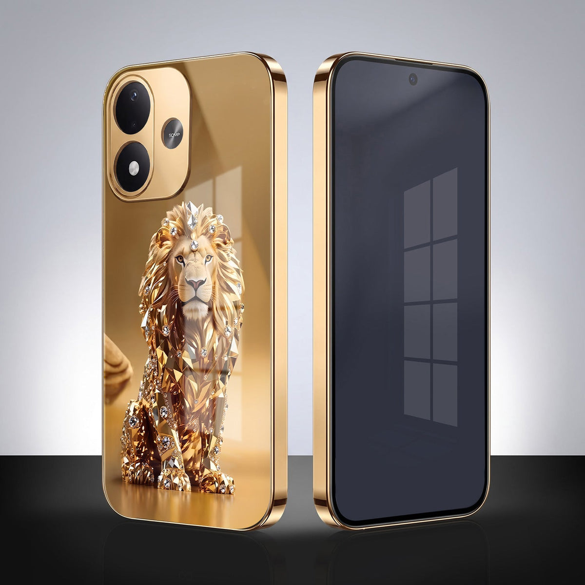 Redmi Note 17 5G Luxury Lion Gold Electroplated Glass Phone Back Case