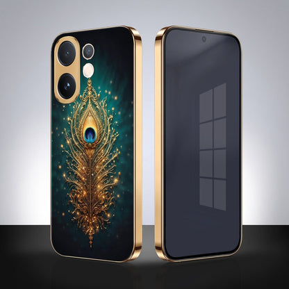 Vivo V60 5G Golden Peacock Feather Gold Electroplated Glass Phone Back Case
