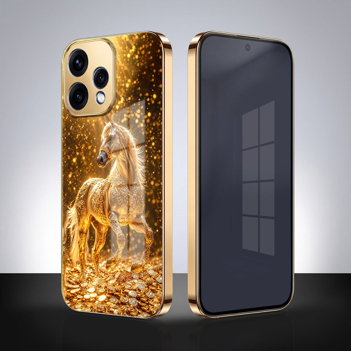 Oppo Reno 15 5G Golden Horse Sparkle Gold Electroplated Glass Phone Back Case