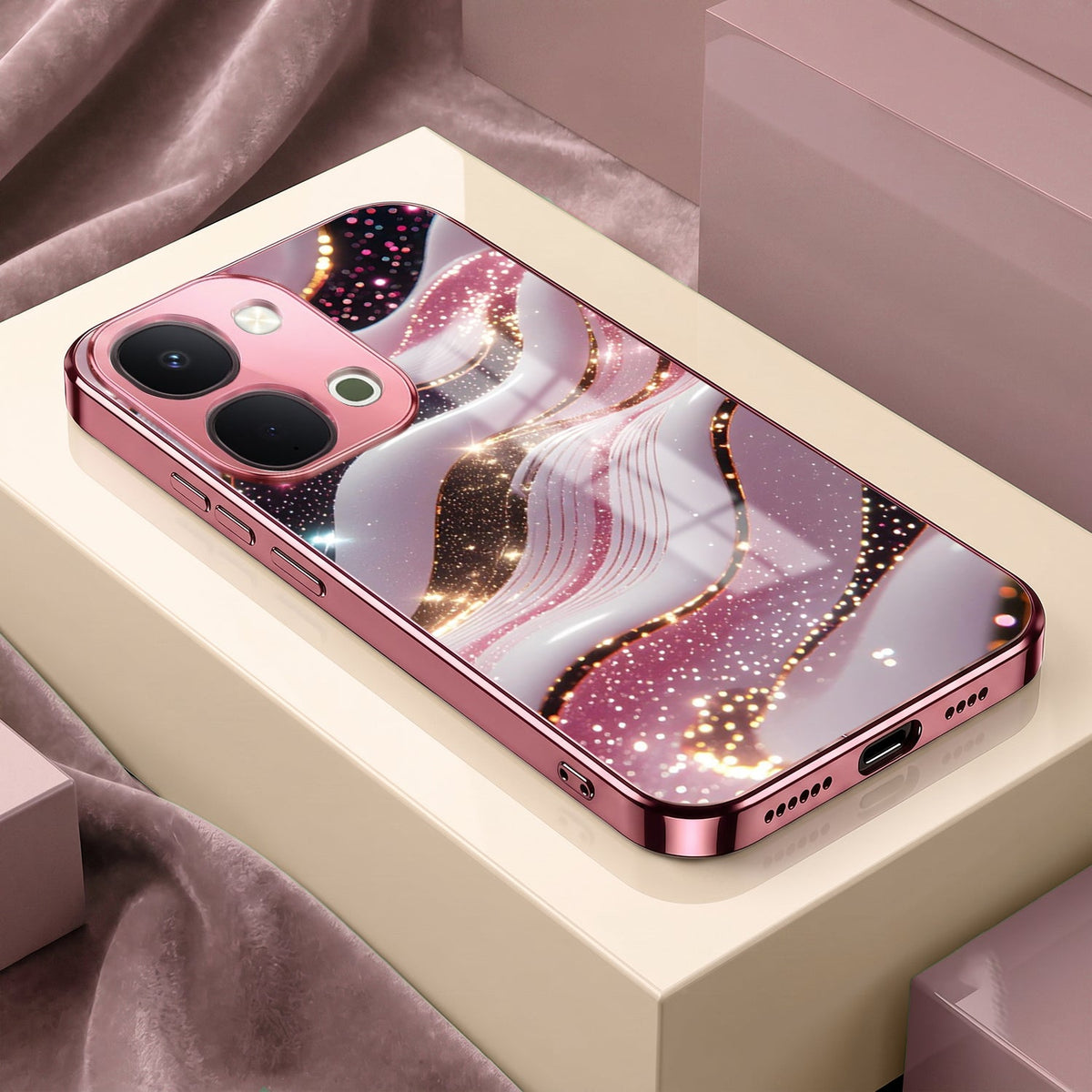 Vivo T5x 5G Midnight Pearl Wave Pink Electroplated Glass Phone Back Case