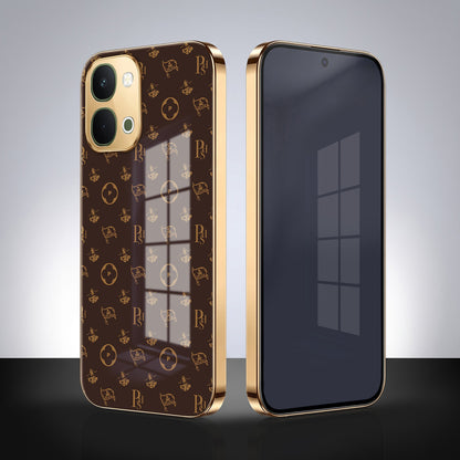 Vivo T5X 5G Luxury Monogram Brown Gold Electroplated Glass Phone Back Case