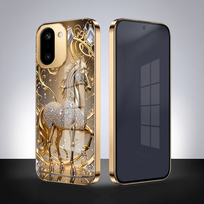 OnePlus 15R 5G Luxury Horse Texture Gold Electroplated Glass Phone Back Case