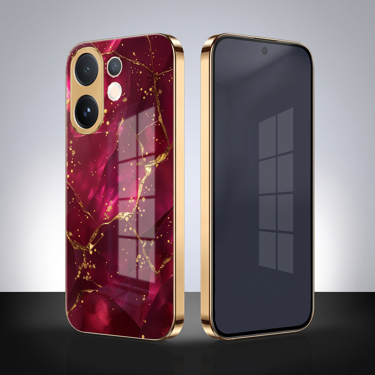 Vivo V60 5G Luxury Crimson Marble Gold Electroplated Glass Phone Back Case