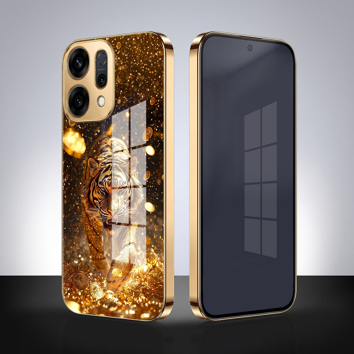 Oppo Reno 14 5G Luxury Tiger Gold Electroplated Glass Phone Back Case
