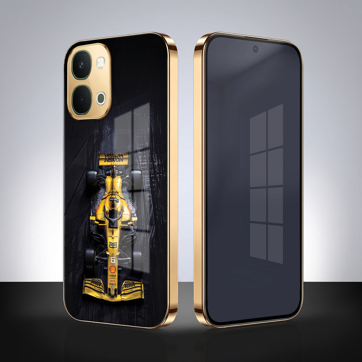 Vivo T5x 5G F1 Racing Car Gold Electroplated Glass Phone Back Case