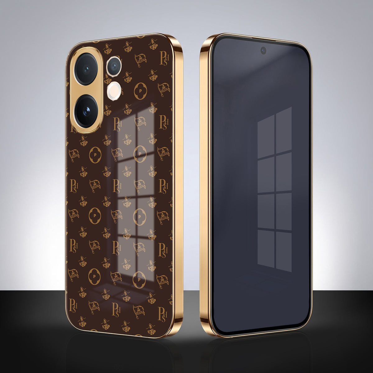 Vivo V60 5G Luxury Monogram Brown Gold Electroplated Glass Phone Back Case
