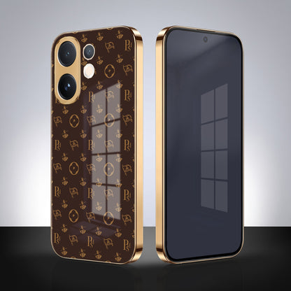 Vivo V60 5G Luxury Monogram Brown Gold Electroplated Glass Phone Back Case