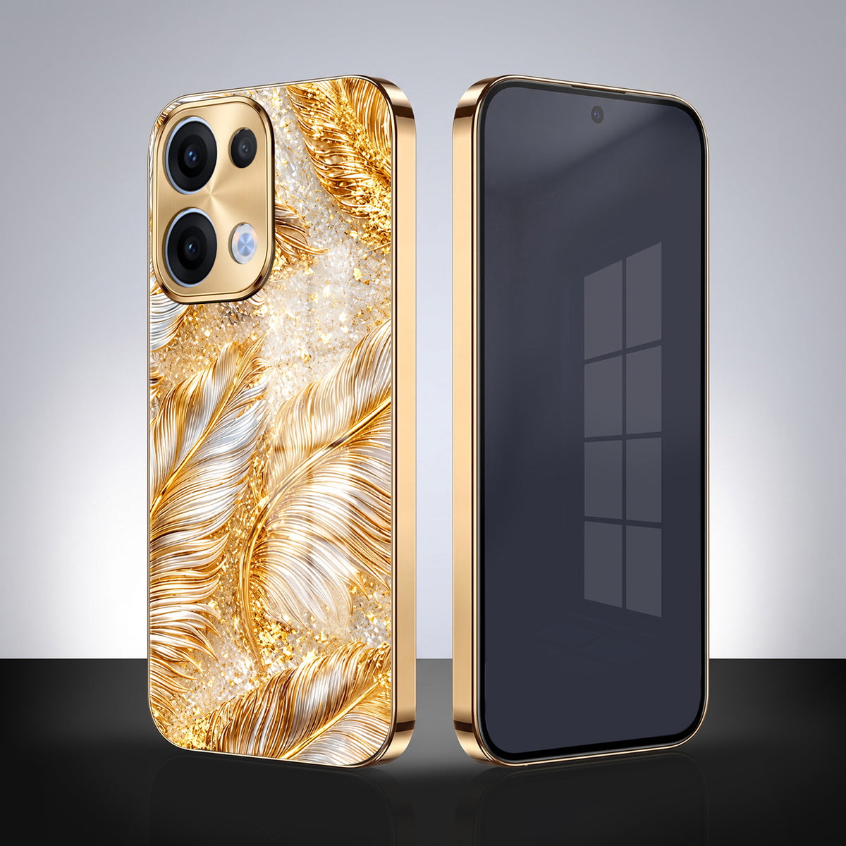 Oppo Reno 13 5G Golden Feather Marble Gold Electroplated Glass Phone Back Case